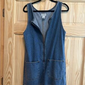 Vintage Denim Zip-Front Sleeveless Dress - Blue
